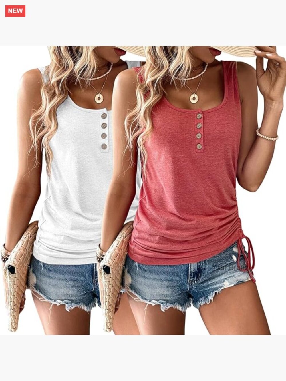 2 Pack Sleeveless Button Henley Tank Tops Summer Loose Fit Camis